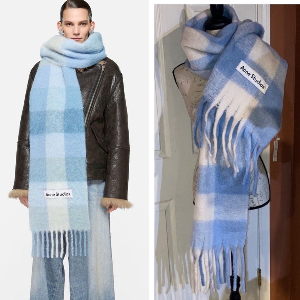 NWT Acne Studios Oversized Plaid Fringe Soft Scarf Wrap Blue White